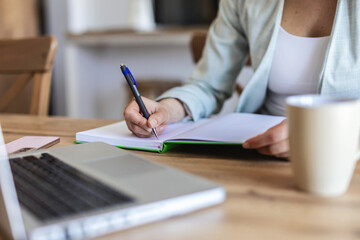 Remote work from home, thinking and woman with planning, writing and copywriting. Person, freelancer and journalist with pc, brainstorming and creativity with ideas, solution and decision for project