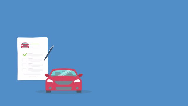 Car insurance document, report. Paper agreement checklist or loan checkmarks form list approved with automobile icon, vehicle financial, car dealership legal deal documentation, 4k Animation