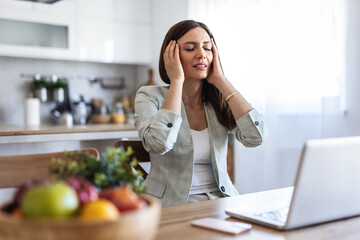 Headache, laptop and remote work with woman in living room of home for small business burnout. Computer, migraine and stress with freelance employee in apartment for startup error, fail or mistake.