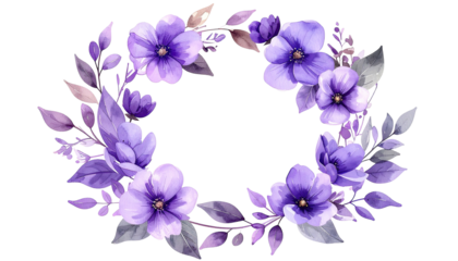 Watercolor floral wreath with purple blooms, leaves, and soft shadows
