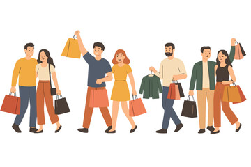 Obraz premium Diverse group of people shopping together with shopping bags and clothing