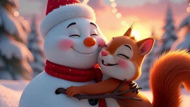 cute snowman and squirrel hugging in winter forest with fireworks