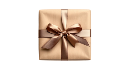 Overhead view of a square, wrapped present with a satin bow