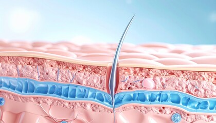 Detailed 3D scientific illustration revealing the intricate layers of human skin, a hair follicle, and deep hydration for optimal health and beauty, showcasing dermal and epidermal structures