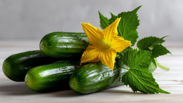 A bunch of cucumbers with a yellow flower on top. The cucumbers are arranged in a neat pile, with the flower placed on top of them. The scene is simple and peaceful