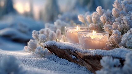 Warm Candlelight Illuminates Festive Atmosphere in Winter Snowscape