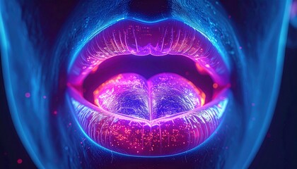Abstract Close-up of a Mouth Aglow with Vibrant Neon Colors, Showcasing an Open Cavity and Glowing Tongue