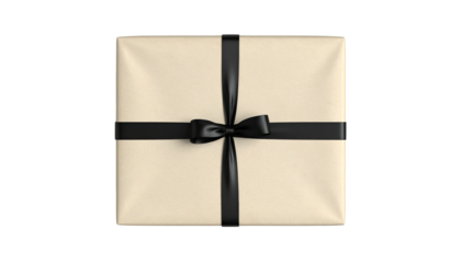 Top-down view of a wrapped gift box, cream paper, black ribbon
