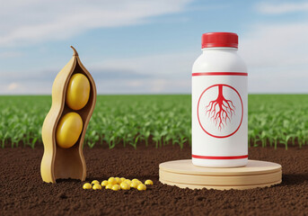 Soybean Pod, Root Treatment Bottle, and Thriving Crop Field