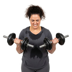 Focused tired woman doing strength exercises on isolated background