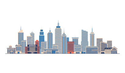 Obraz premium Modern city skyline vector illustration with office buildings and urban architecture isolated on transparent background