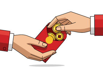 Two hands exchanging a red envelope with gold coins on a white background, symbolizing love and valentine's gift giving.
