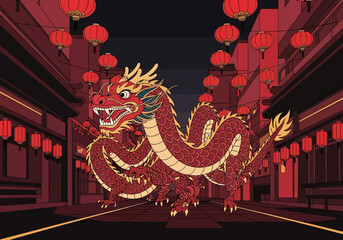 A vibrant red dragon with golden accents stands amidst traditional red lanterns in a Chinese street scene at night, conveying a festive and cultural mood.