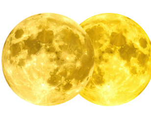 Two golden orbs, similar to moons, overlap slightly, with visible details