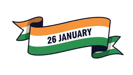 26 January Indian Republic Day Tricolor Ribbon Banner Isolated on White
