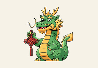 Illustration of a green dragon holding a red envelope on a beige background, symbolizing good fortune and love for the valentine.