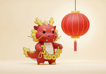 A red and gold dragon figurine with a Chinese lantern on a beige background, symbolizing love and valentine's day in a festive setting.