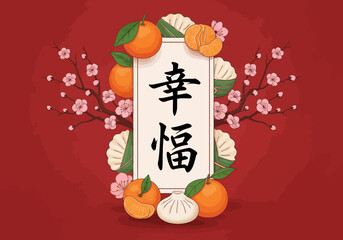 A vibrant Valentine's Day or Chinese New Year graphic design featuring a white banner with 'happiness' in Chinese characters, surrounded by oranges, blossoms, and