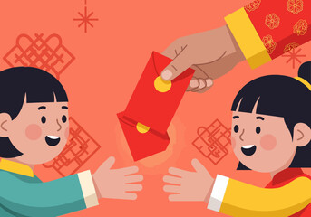 Illustration of a couple of happy children receiving and giving red envelopes with love on Valentine's Day