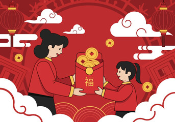 Illustration of a woman and a girl in traditional Chinese attire exchanging a red envelope with golden coins on a festive red background with clouds and lanterns for
