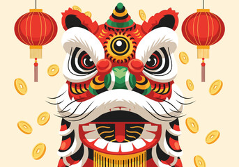 Vibrant illustration of a Chinese lion dance head with red lanterns and gold coins on a light background, symbolizing good fortune and love during valentine's day.