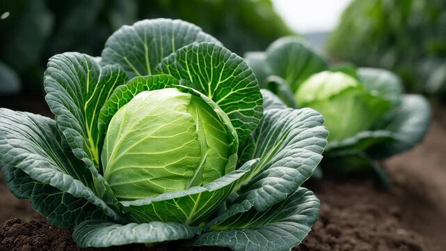 Two large green cabbage heads are growing in the dirt. The leaves are tightly packed and the heads are large and round