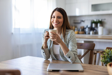 Working from home, freelancer and thinking entrepreneur drinking coffee, taking break and doing remote work while daydreaming idea. Smiling and thoughtful woman planning strategy, vision and mindset
