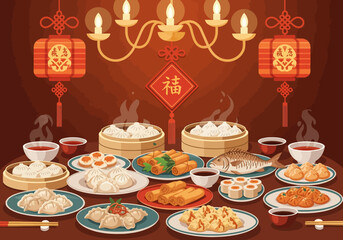A traditional Chinese New Year's dinner table setting with steamed dumplings, lanterns, and decorations conveying a warm and festive atmosphere.