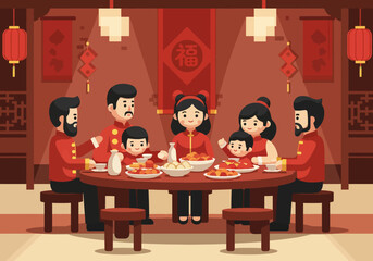 A cartoon family in traditional red attire sharing a meal together on valentine's day with love and warmth in a cozy chinese dining room.