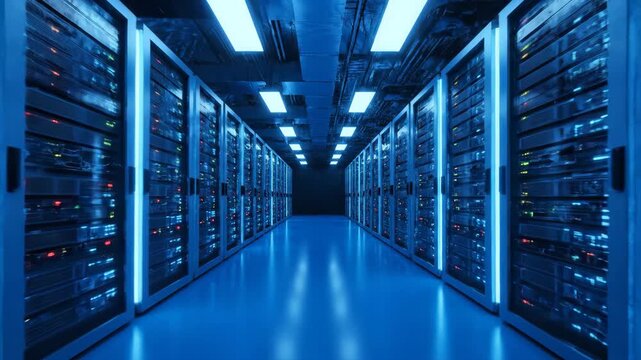 Rows of illuminated server racks in a futuristic data center. The aisle is lit by blue neon lights and LED ceiling lamps, creating a modern technological atmosphere.