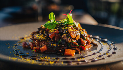 plat de viande en sauce et l&eacute;gumes croquants, cuisine raffin&eacute;e