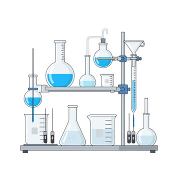 Scientific laboratory equipment setup with test tubes flasks and measurement tools for chemical