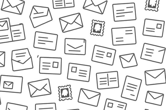 Seamless Pattern of Mail and Stamps on Gray Background