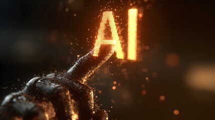 Artificial Intelligence Hand Reaching Out to Touch Glowing AI Letters in Dark Environment.
