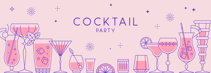 Holiday line art cocktail party poster or banner with cocktail and champagne glasses. Restaurant menu design. Vector illustration