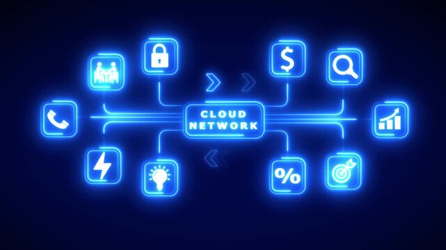 Diagram of a cloud network with connected icons for communication finance and efficiency on a dark blue background Keywords: cloud network technology diagram connection network icons communication