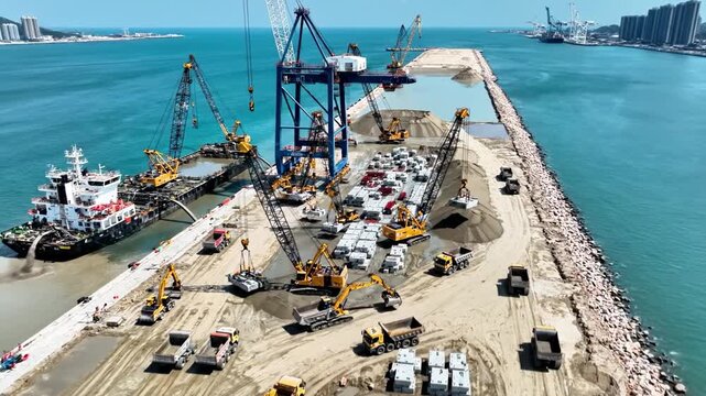 Aerial view of a construction site on a pier with various heavy machinery and vehicles
