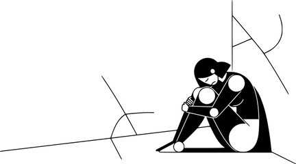 Illustration of a sad and lonely woman sitting alone in a corner, feeling down and isolated
