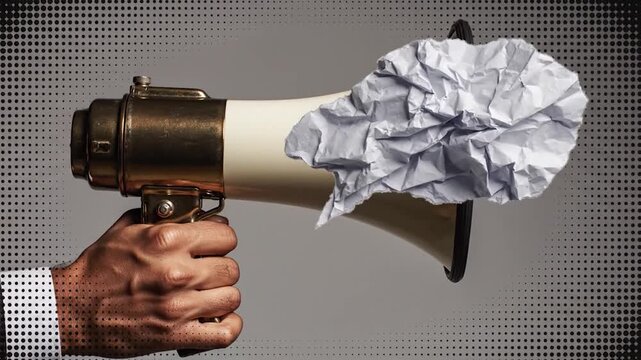 A hand holds a vintage megaphone with paper wads emerging from the horn, on dot background