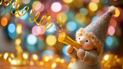 Fototapeta premium Close-up of little figure wearing party hat faceless, blowing on party horn, joyful excited expression, bright and colorful party backdrop defocused, celebration mood, with copy sp