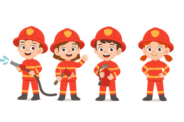 Four Happy Cartoon Firefighters in Red Uniforms