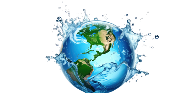 A globe surrounded by a splash of blue water, on black background - Powered by Adobe