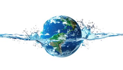 Globe submerged in water, depicting ocean and land, on black background