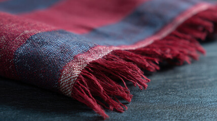 Soft textile woven fabric ethnic cloth frayed edge red plaid blue plaid cotton material craft detail rustic texture closeup mood