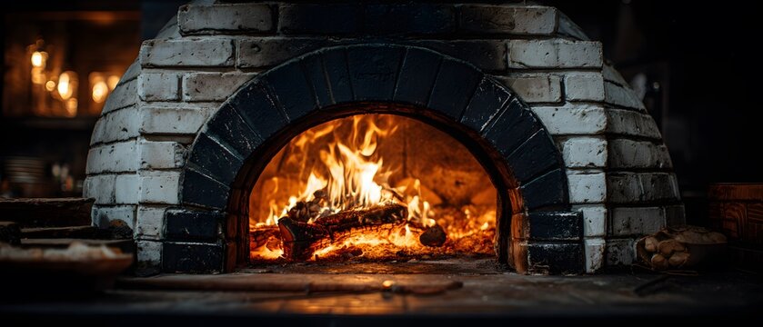 Rustic white brick pizza oven features a roaring fire burning wood logs inside with a warm glow and traditional cooking architectural details.