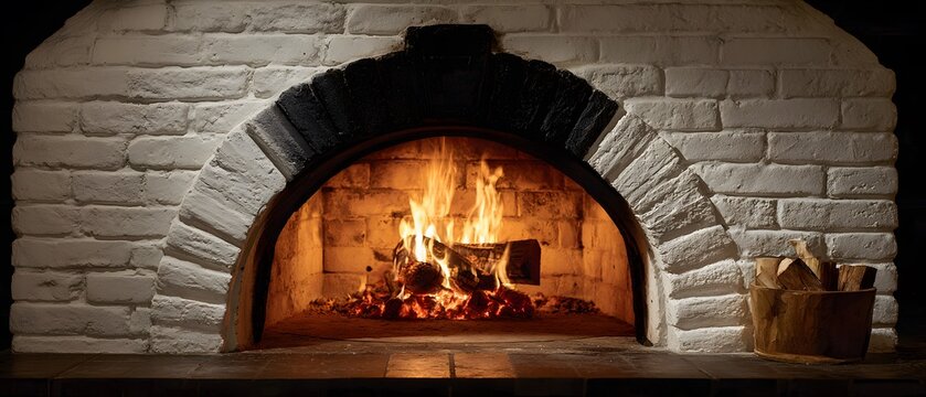 Rustic white brick pizza oven features a roaring fire burning wood logs inside with a warm glow and traditional cooking architectural details.