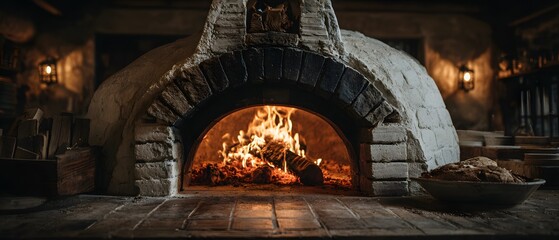 Rustic white brick pizza oven features a roaring fire burning wood logs inside with a warm glow and traditional cooking architectural details.