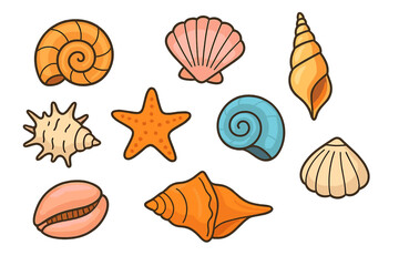 Collection of colorful seashells and starfish on a textured background © Alan