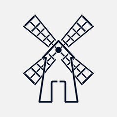 A minimalist black outline graphic of a traditional windmill with four geometric sails. Perfect for Dutch themed logos, rural icons, or modern folk art design elements. Vector