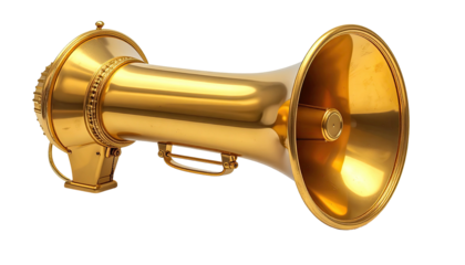Gilded brass-toned megaphone, front and side view on a black background